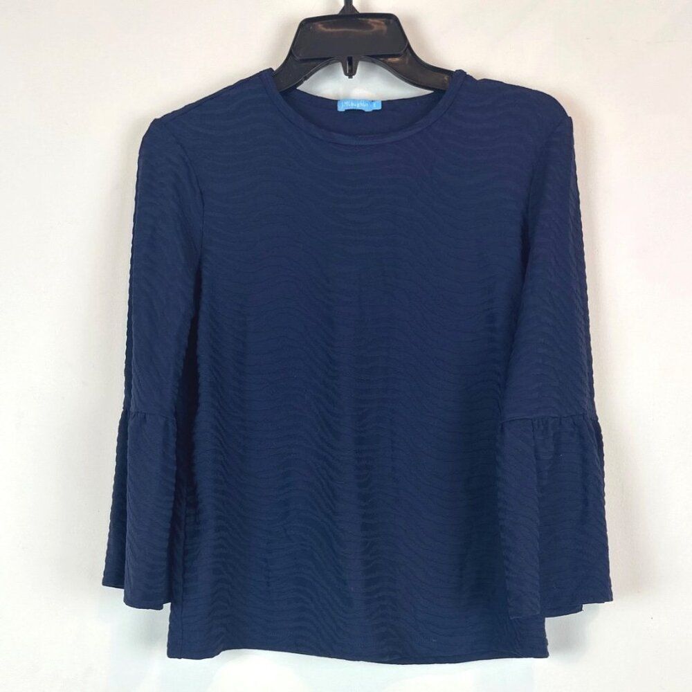 J. McLaughlin Kyla Navy Blue 3/4 bell sleeve crew neck wave pattern office S